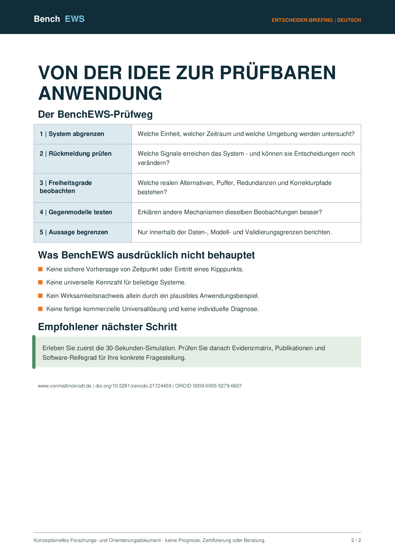BenchEWS executive brief (German), page 2 of 2