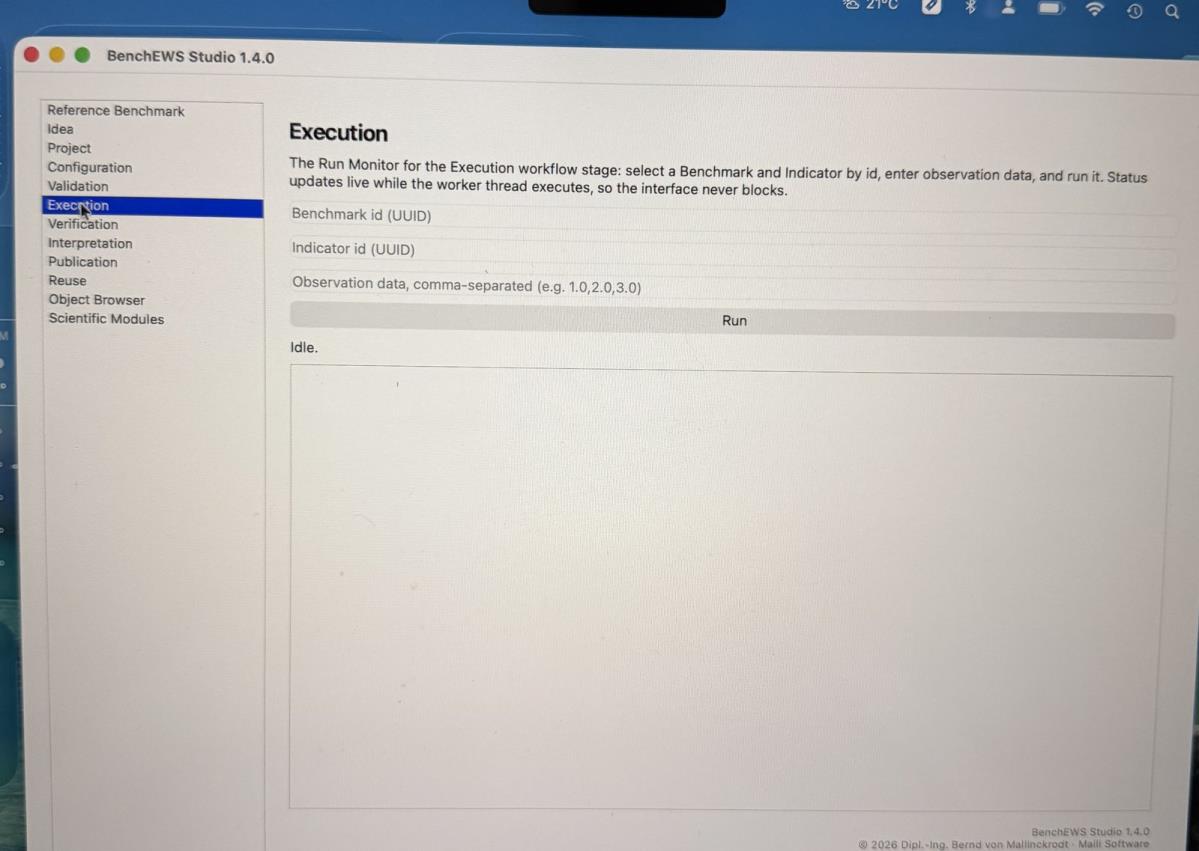BenchEWS Studio 1.4.0 mit geöffnetem Arbeitsbereich Execution