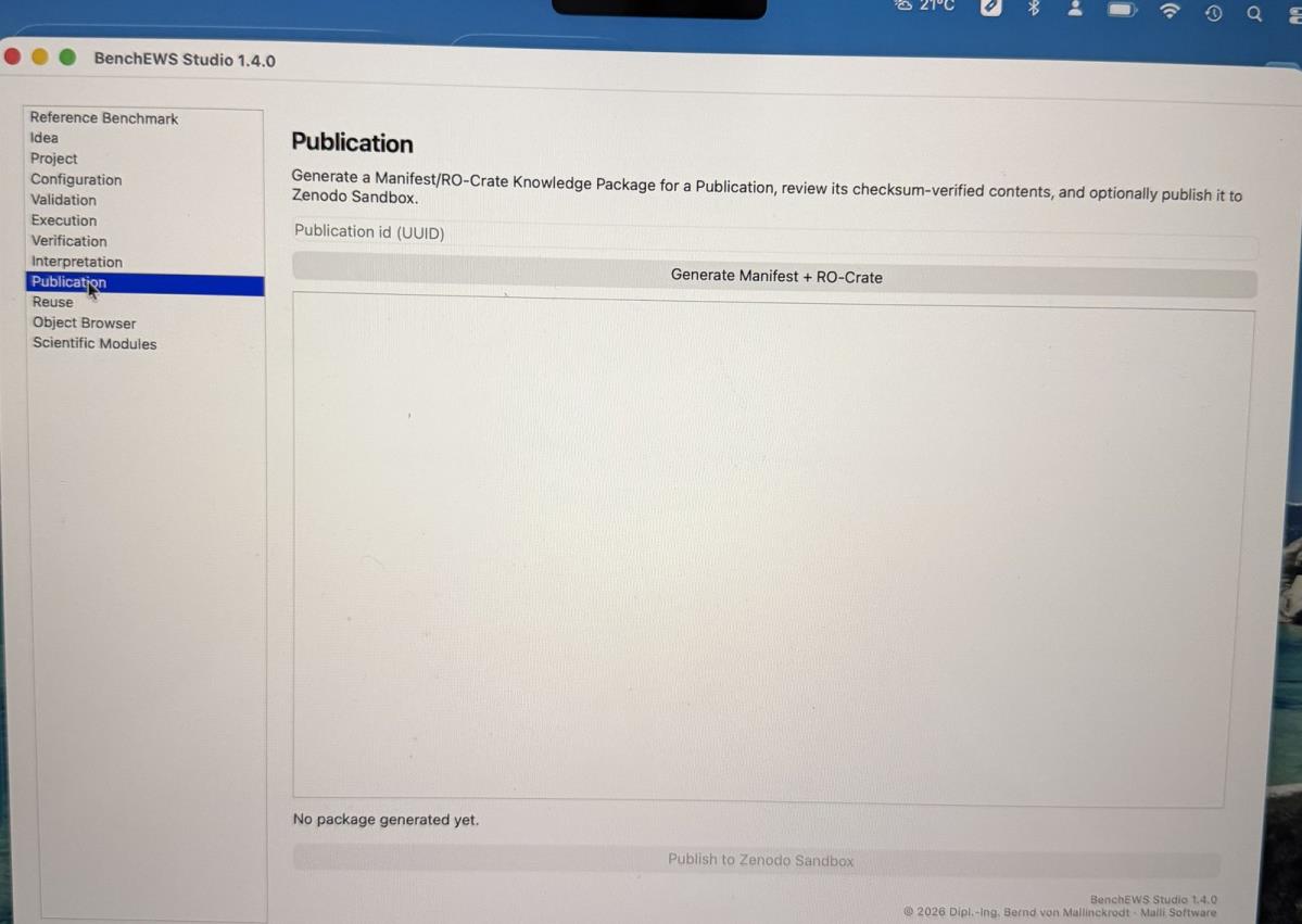 BenchEWS Studio 1.4.0 mit geöffnetem Arbeitsbereich Publication