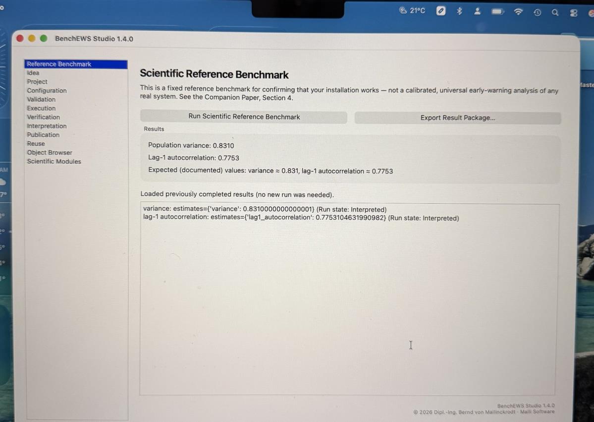 BenchEWS Studio 1.4.0 mit geöffnetem Arbeitsbereich Reference Benchmark